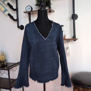 MOELLEUX Gingham Ribbon Lace Up Back Raw Edge Bell Sleeve Denim Shirt Size M